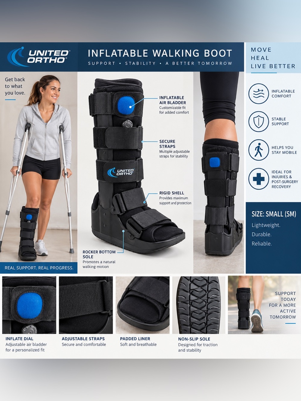 United Ortho Inflatable Walking Boot CAM Walker Size Small Black